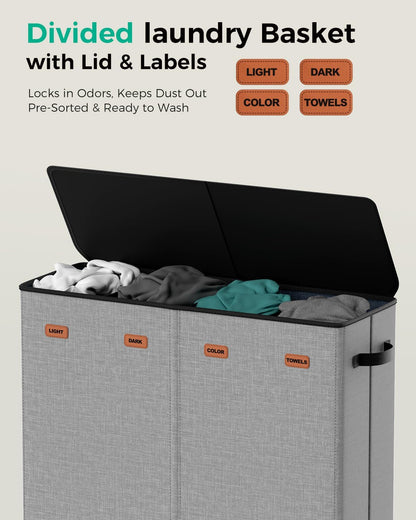 185L Laundry Hamper 3 Section with Lid & Removable Bags | Collapsible laundry basket organizer for laundry room, bedroom & dorm with 3 removable washing bags