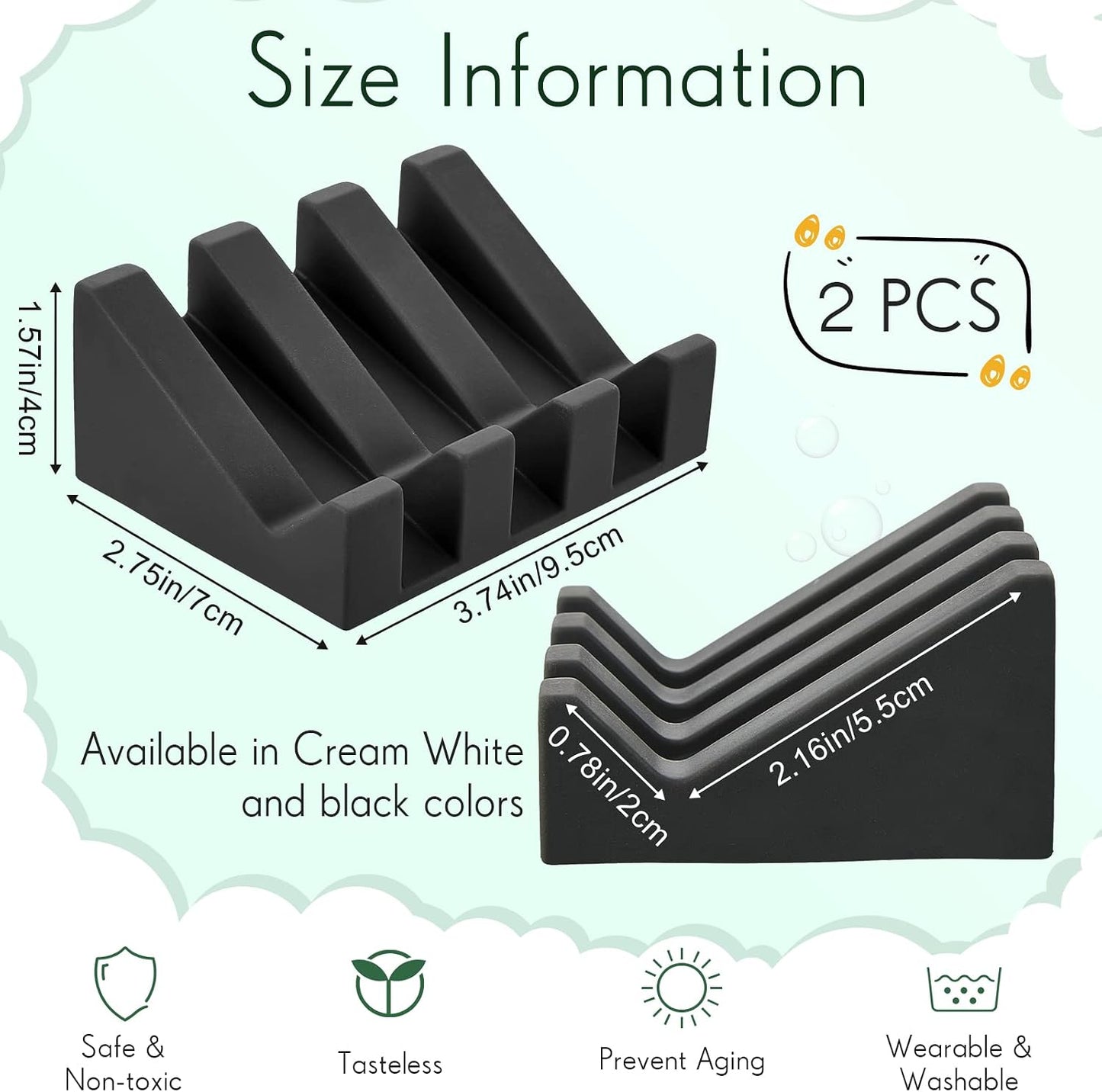 Cunhill 2 Pieces Silicone Soap Dish Self Draining Soap Dish Shower Waterfall Bar Soap Holder Tray with Drain Soap Saver for Kitchen Bathroom Accessories (Black)