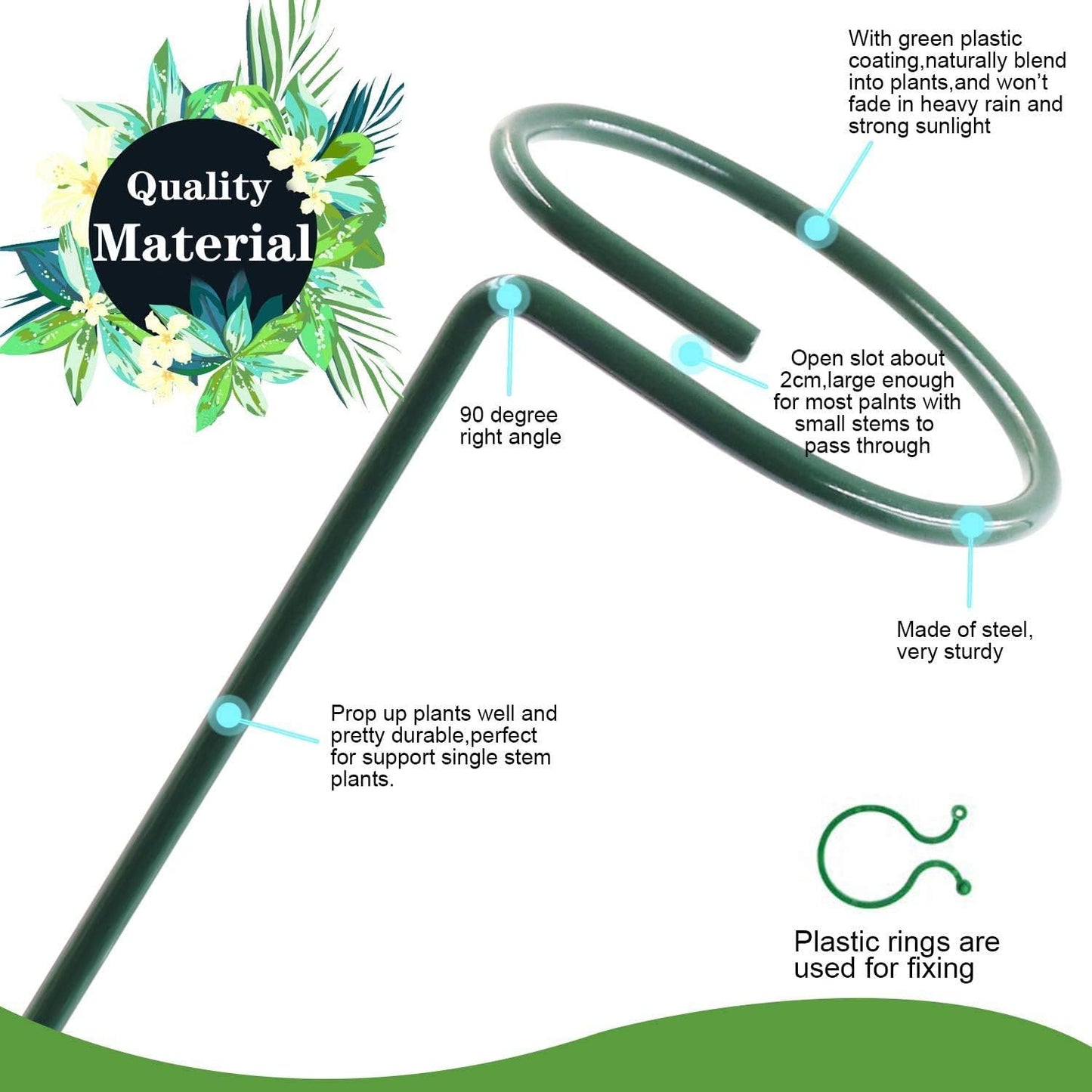 HiGift 17 inch Plant Support Stakes, 4mm Thick Garden Single Stem Flower Support Stake Amaryllis Plant Cage Support Rings with 10 pcs Plant Clips for Tomato Orchid Lily Peony Rose Flower Stem-5 Pack