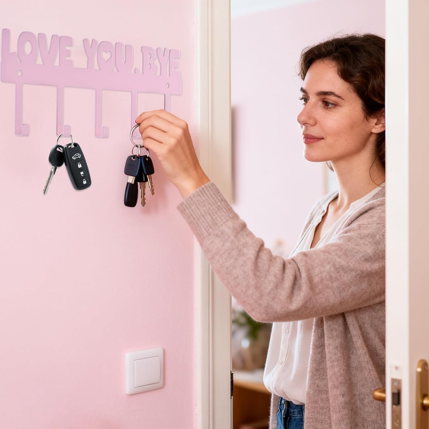 Key Holder Wall Mount, No Drill Adhesive, Black, 5 Hooks | 'Love You.Bye' Entryway Organizer, Metal, 10x4 Inch, Screws Installation