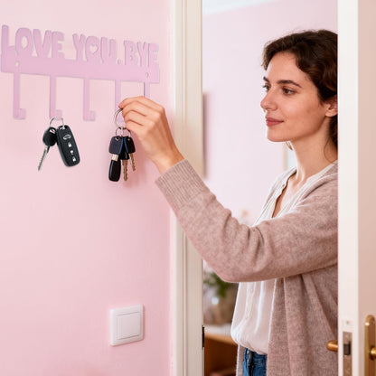 Key Holder Wall Mount, No Drill Adhesive, Black, 5 Hooks | 'Love You.Bye' Entryway Organizer, Metal, 10x4 Inch, Screws Installation