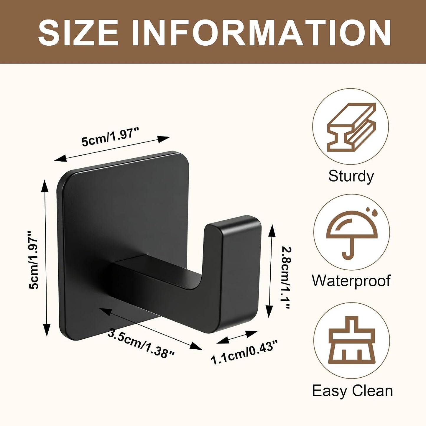 6 Pack Black Heavy Duty Adhesive Hooks, 26lb Max Waterproof Stainless Steel Adhesive Wall Hooks for Hanging, No Drill Sticker Hooks for Bathroom Kitchen Towels