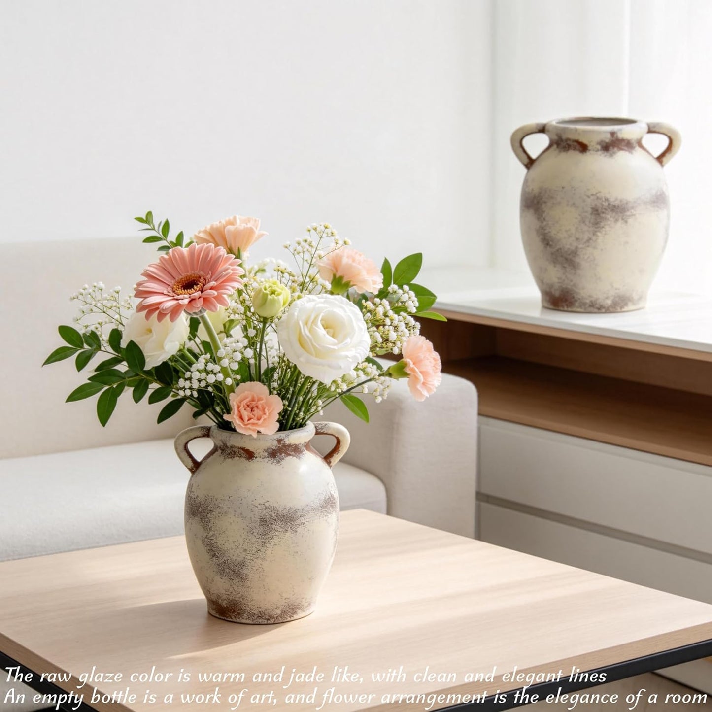 Ceramic Vase Set of 2, 7.1" Handcrafted Rustic Flower Vases for Modern Home Decor, Boho Farmhouse Decorative Vases for Living Room, Table, Shelf, Ideal Gift for Mother's Day, Birthday, Housewarming