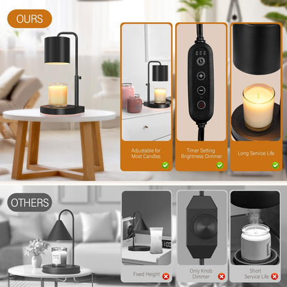 zukakii Candle Warmer Lamp Adjustable Height Dimmable with Timer Large Jar Candles Compatible - No Flame Scented Wax Warmer with 2 Bulbs - Mothers Day Gift - Black