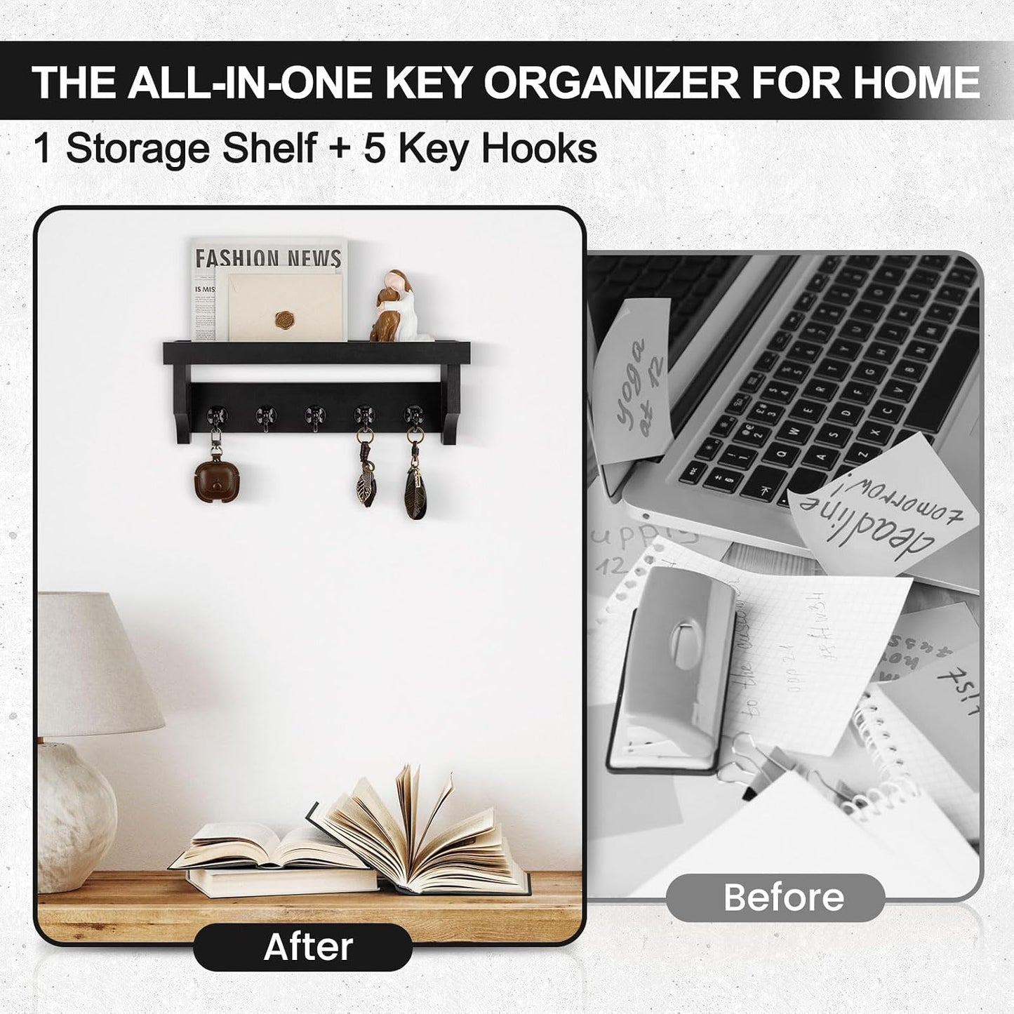Key and Mail Holder Wall Mount, Key Holder with Shelf and Mail Organizer Wall Mount. Mail Holder with 5 Hooks for Coat, Dog Leash, Home Decor Rack, Entry Way Organizer (White)