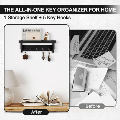 Key and Mail Holder Wall Mount, Key Holder with Shelf and Mail Organizer Wall Mount. Mail Holder with 5 Hooks for Coat, Dog Leash, Home Decor Rack, Entry Way Organizer (White)