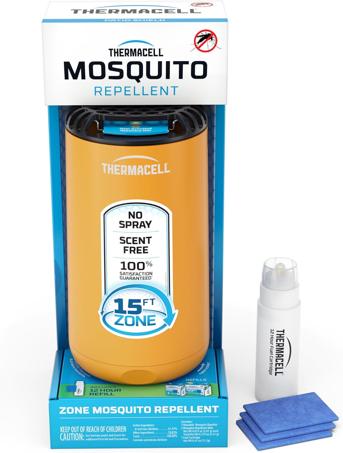 Thermacell Fuel-ZoneGuard Base Fuel Powered Mosquito Repeller; 15-Foot Zone of Scientifically Proven Outdoor Protection; Patio Shield; 12-Hr Refill; DEET-Free; Bug Spray Alternative; Glacial Blue