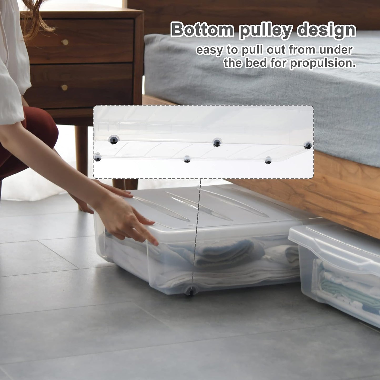 Citylife 2 Packs 57 QT Plastic Under Bed Storage Bins with Double-opening Lids Clear Underbed Storage Containers with Wheels for Organizing Shoes, Blankets, Clothes