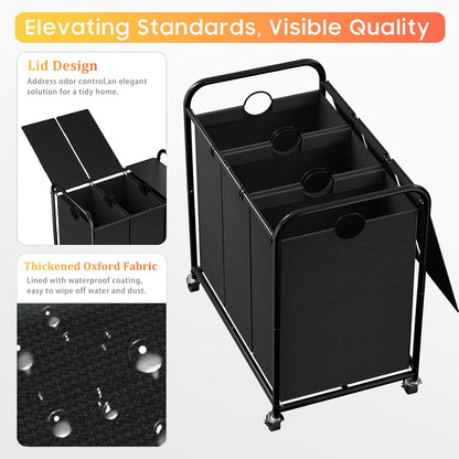 180L (47.55 Gal) Laundry Sorter 3 Section, Rolling Laundry Basket with Lockable Wheels and Lid, Laundry Hamper with 3 Separated Removable Bags Dirty Clothes Hamper for Laundry Room Organizer, Black