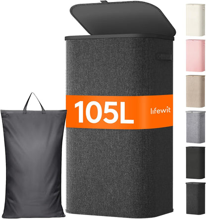Lifewit 165L Large Laundry Basket with Lid, Laundry Hamper with Plastic Handles and Removable Bag, Foldable Tall Dirty Clothes Hampers for Laundry for Laundry Room, Bedroom, Bathroom, Dorm, Beige