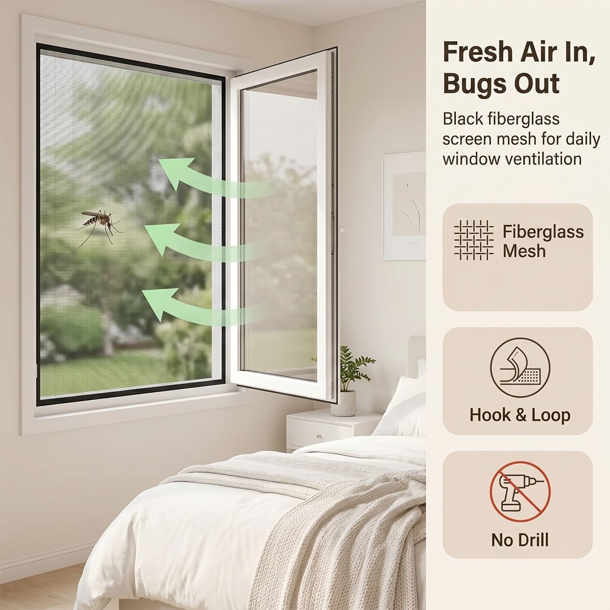 Self-Adhesive Window Screen Replacement, No-Drill Fiberglass Window Screen Mesh, Washable & Removable Mosquito Bug Net with Hook & Loop Tape, Replacement Screens for Windows(Black,20x20in) - Colors A