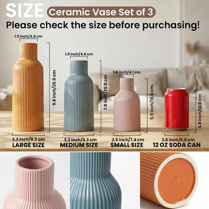 White Ceramic Flower Vases Set of 3, Modern Matte Vertical Ribbed, Nordic Minimalist Decor for Pampas, Dried & Fresh Flowers, Centerpiece for Living Room, Shelf, Entryway, Wedding,Office