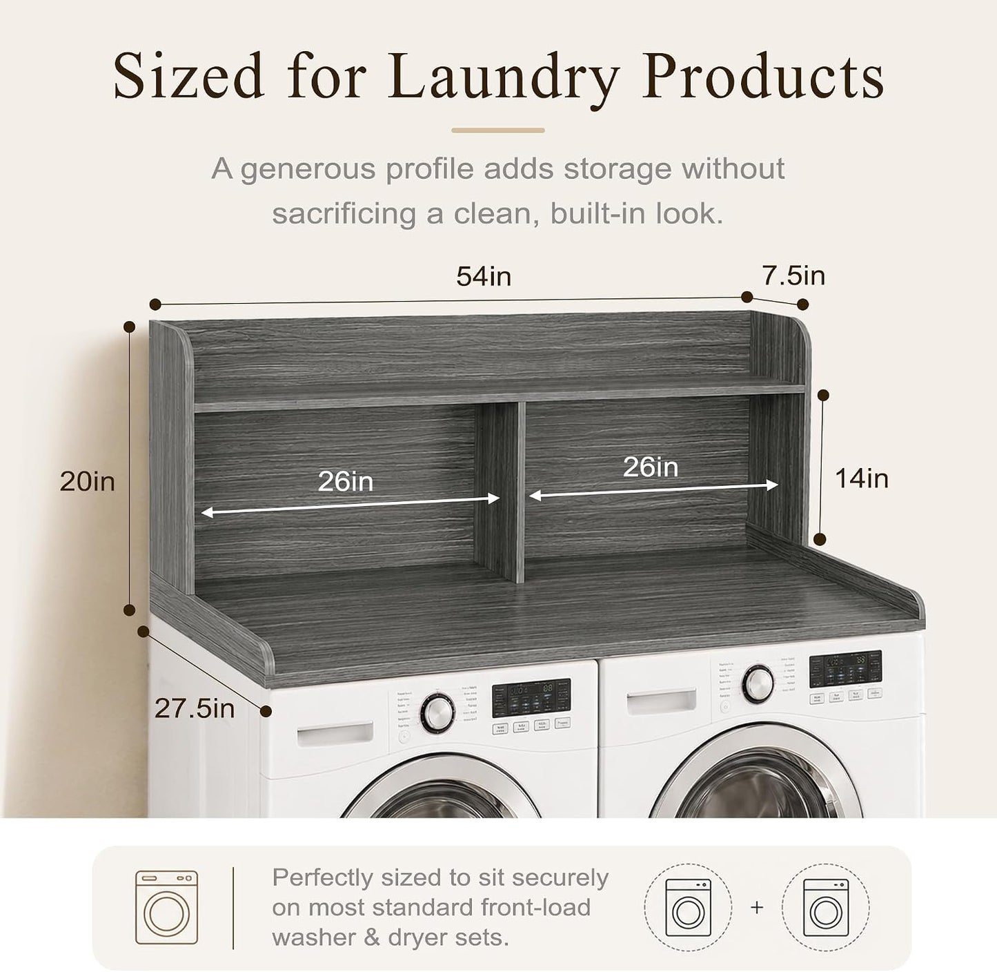 Royxen Laundry Countertop with 20" Shelf Universal Fit, Washer and Dryer Countertop with Storage Space, Laundry Room Storage (Walnut)