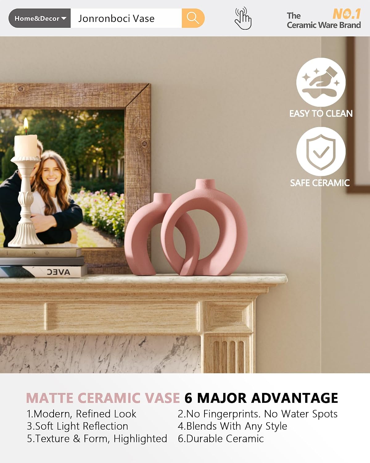 7.2″Hx8.9″H Donut Shape Decorative Vase Set of 2, Ceramic, Modern Minimalism Styles, Flowers or Plant Table Vases for Home Decor Living Room Shelf Entry Console Mantle Dining Centerpiece (Matte White)
