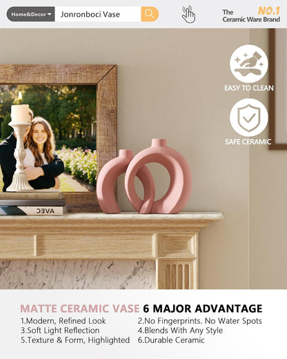 7.2″Hx8.9″H Donut Shape Decorative Vase Set of 2, Ceramic, Modern Minimalism Styles, Flowers or Plant Table Vases for Home Decor Living Room Shelf Entry Console Mantle Dining Centerpiece (Matte White)