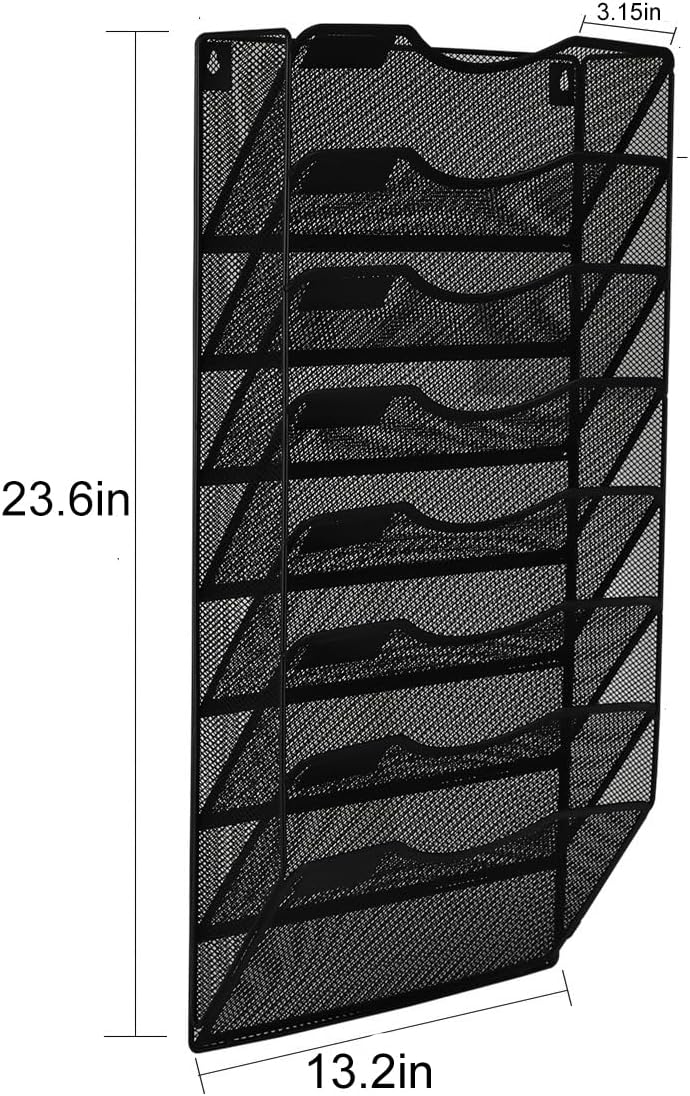 EasyPAG 5 Pocket Mesh Wall File Organizer with Key Hooks, Hanging Paper Folder Holder with Classify Label, Vertical Wall Mount Mail Organizer for Office Home Classroom, Black