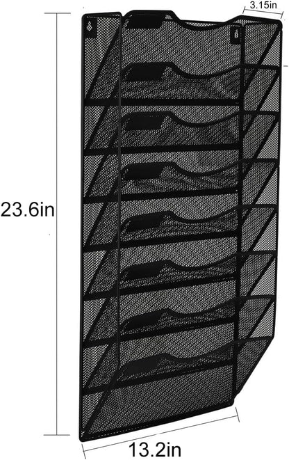 EasyPAG 5 Pocket Mesh Wall File Organizer with Key Hooks, Hanging Paper Folder Holder with Classify Label, Vertical Wall Mount Mail Organizer for Office Home Classroom, Black