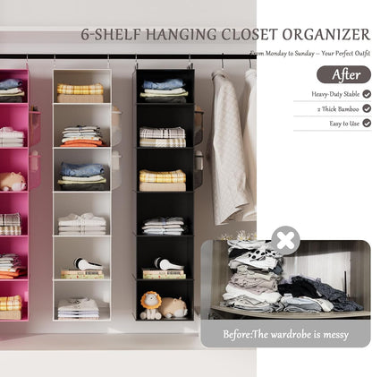 Weekly Hanging Closet Organizer for Kids, 6-Shelf Clothes Storage with Labeled Days of The Week Monday Through Friday, Weekday and Weekend, Days of The Week Clothes Organizer