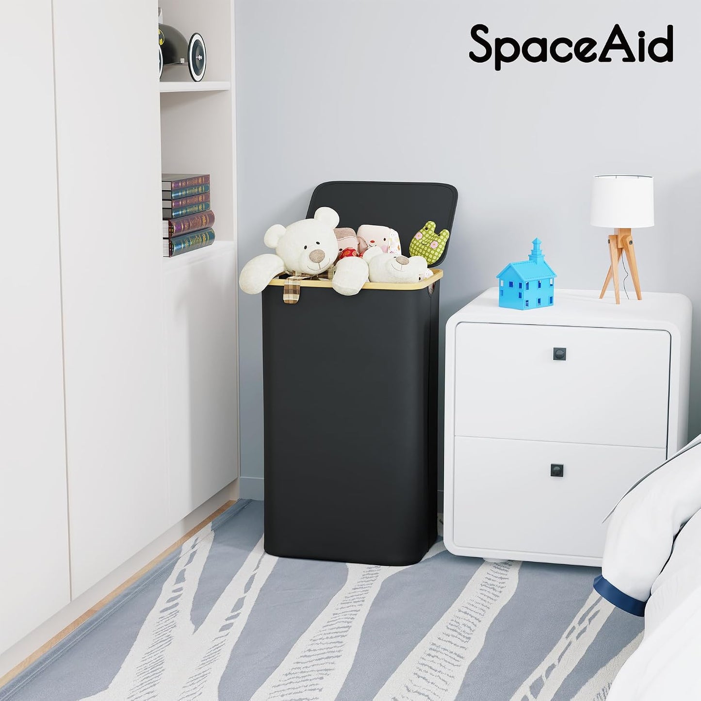 SpaceAid Double Laundry Hamper 2 Section with Lid and Removable Laundry Bags, 160L Clothes Basket with Bamboo Handles, Large Collapsible Hamper for Bedroom, Bathroom, Dorm, Laundry Room - White