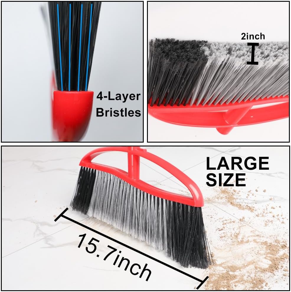 Commercial Heavy Duty Outdoor Broom, 15.7" Extra Wide Angle Broom with 4-Layer Stiff Bristles, Adjustable 38-53.5" Handle for Patio Garage Garden Yard Concrete (Red)