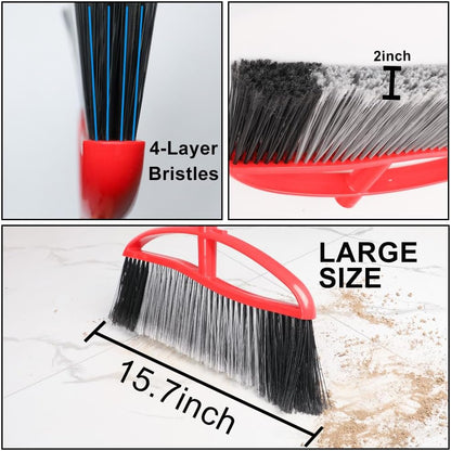 Commercial Heavy Duty Outdoor Broom, 15.7" Extra Wide Angle Broom with 4-Layer Stiff Bristles, Adjustable 38-53.5" Handle for Patio Garage Garden Yard Concrete (Red)