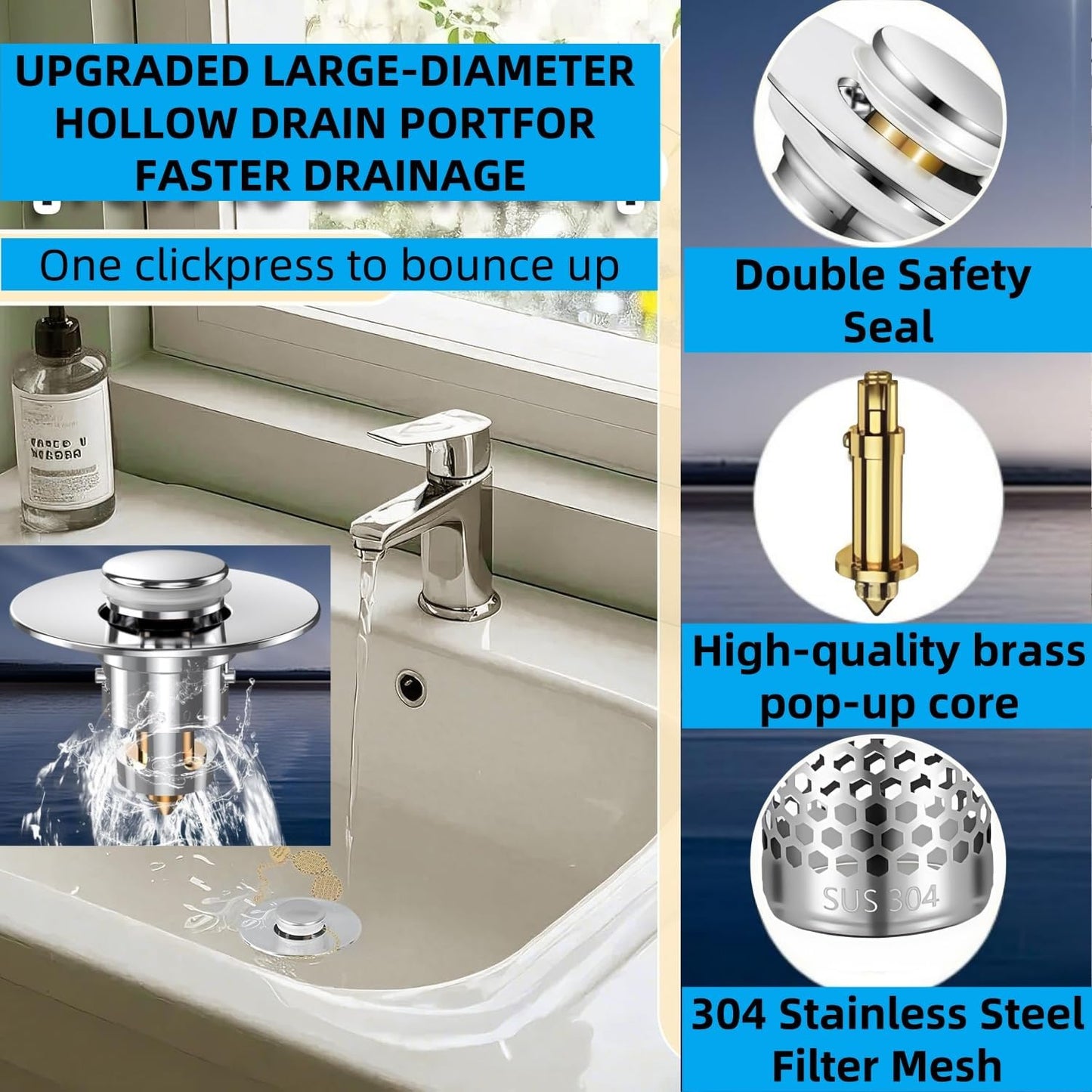 Bathroom Sink Drain Strainer 2 Pack,Bathroom Sink Stopper with Pop-Up Drain and Removable Hair Catcher, Stainless Steel Filter Basket, Fits Standard US Bathroom Sinks