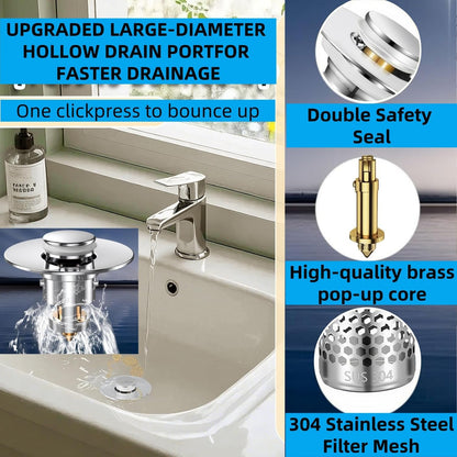 Bathroom Sink Drain Strainer 2 Pack,Bathroom Sink Stopper with Pop-Up Drain and Removable Hair Catcher, Stainless Steel Filter Basket, Fits Standard US Bathroom Sinks