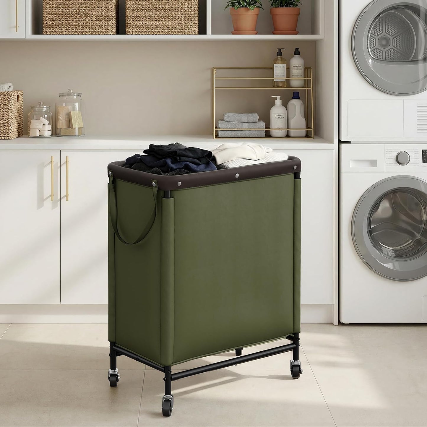 StorageWorks 3 Section Laundry Hamper, Rolling Laundry Cart with Wheels and Handles, Laundry Room Double Sorter for Organizer and Storage, 31.7 Gal(120L), Beige