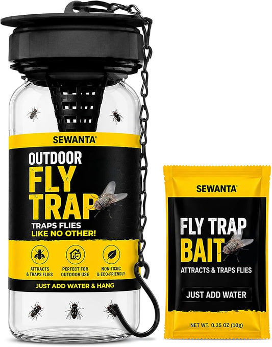 Outdoor Fly Trap [2 Pack] Fly Traps Outdoor with Dissolvable Non-Toxic Bait - Controls Flies for Patios, Hanging Fly Traps with Tie Included