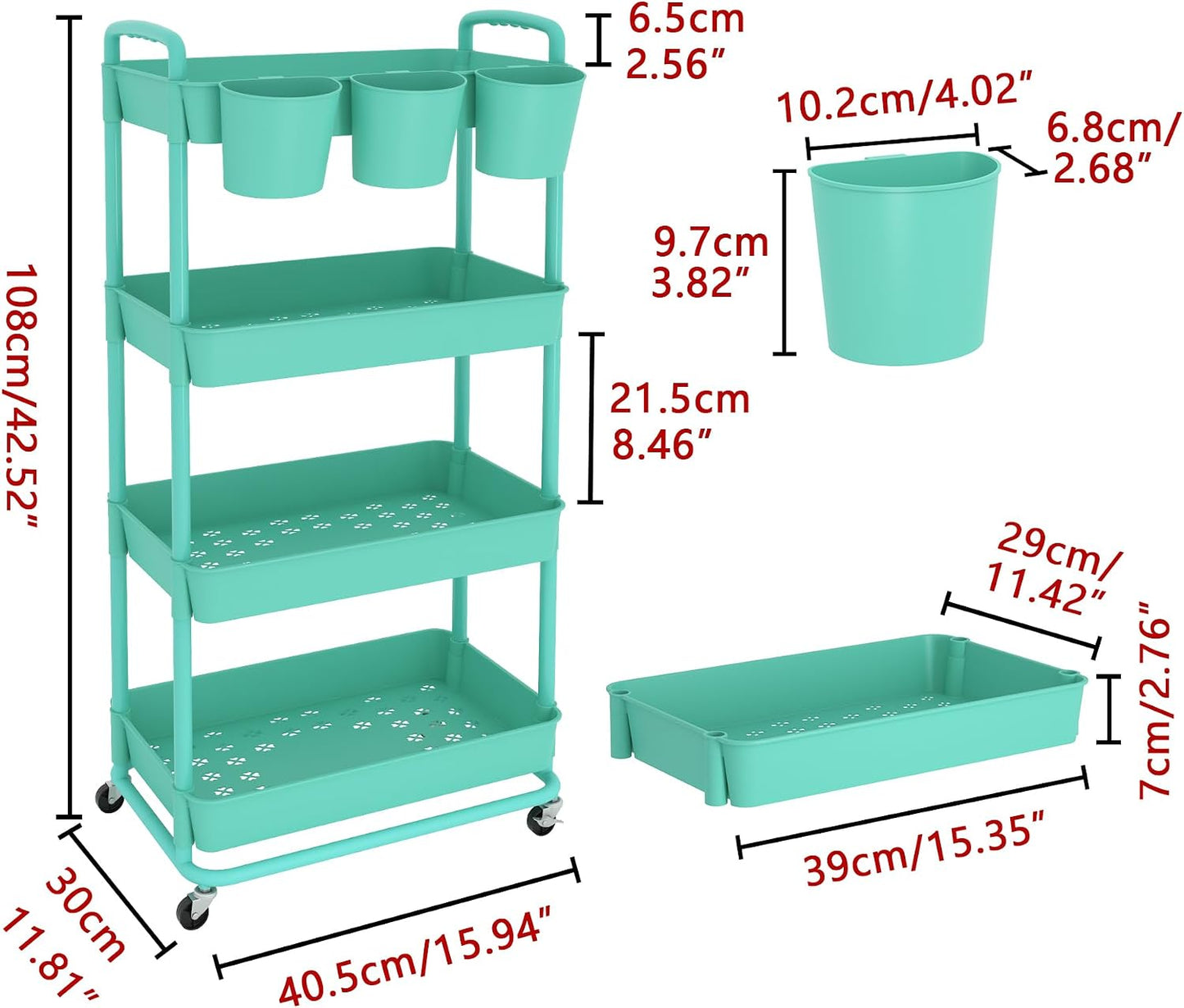 JIUYOTREE 4-Tier Plastic Rolling Storage Cart Utility Cart with Extra Hanging Cups Handles Lockable Wheels for Living Room Bathroom Kitchen Office White