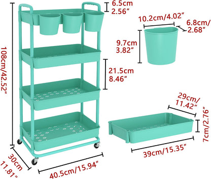JIUYOTREE 4-Tier Plastic Rolling Storage Cart Utility Cart with Extra Hanging Cups Handles Lockable Wheels for Living Room Bathroom Kitchen Office White