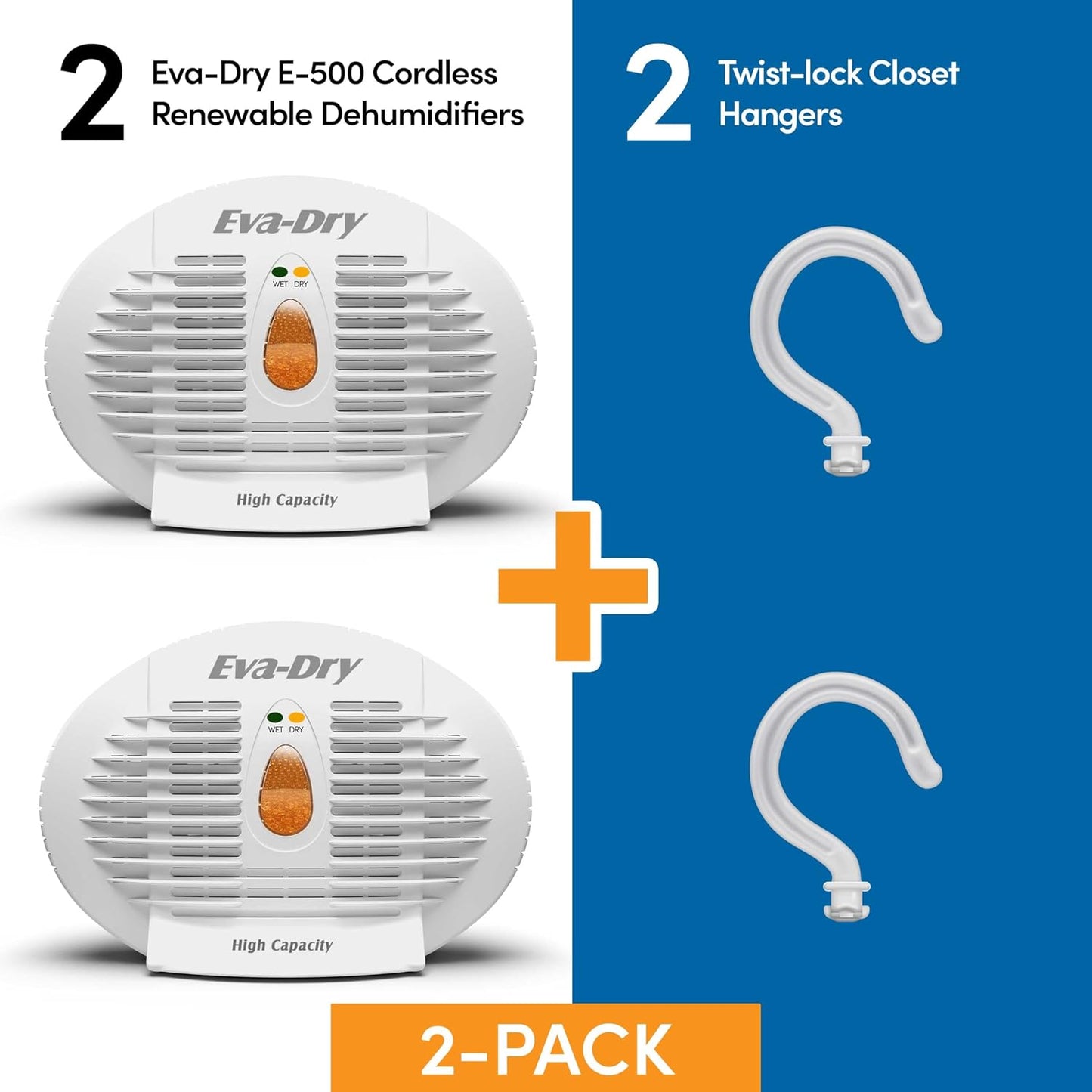 Eva-Dry E-500 Renewable Silica Gel Dehumidifier 2-Pack — Cordless Operation, Plug-In to Renew | 500 Cu Ft Each | Gun Safe, Closet, Bathroom, Boat, RV | No Batteries | Up to 10 Years