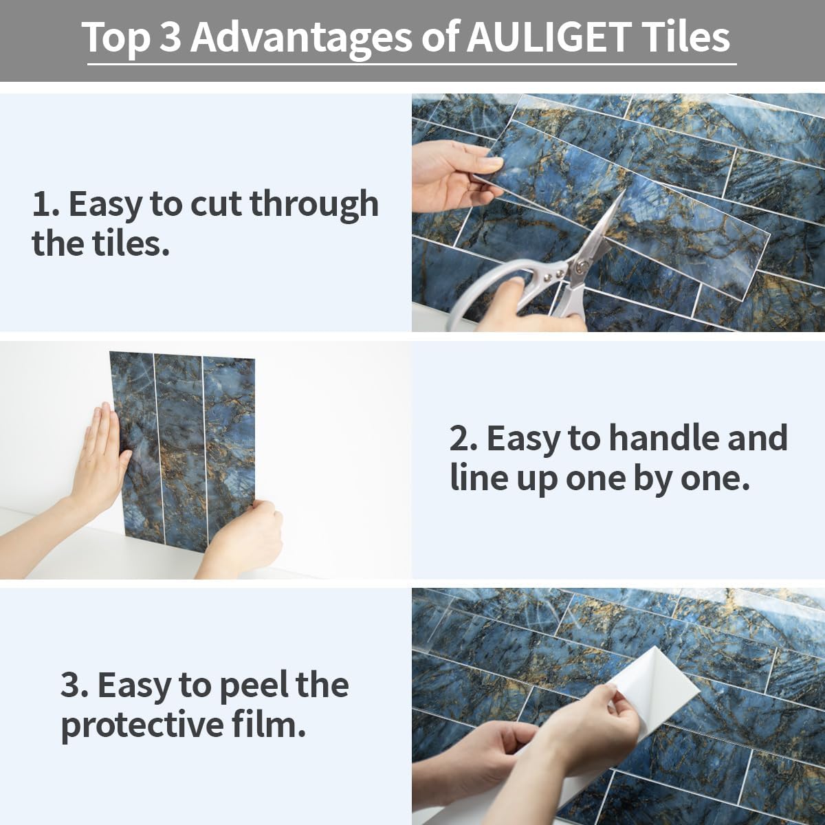 AULIGET 40-Piece Polished White Marble with Gold Peel and Stick Backsplash Wall Tiles, 3" x 12" PVC Faux Stone Stick on Tiles for Backsplash Kitchen, Bathroom, Laundry Room, Camper, Fireplace