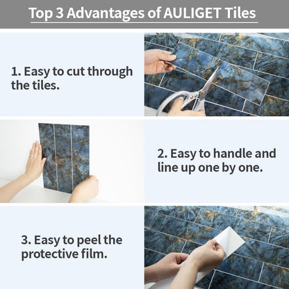 AULIGET 40-Piece Polished White Marble with Gold Peel and Stick Backsplash Wall Tiles, 3" x 12" PVC Faux Stone Stick on Tiles for Backsplash Kitchen, Bathroom, Laundry Room, Camper, Fireplace