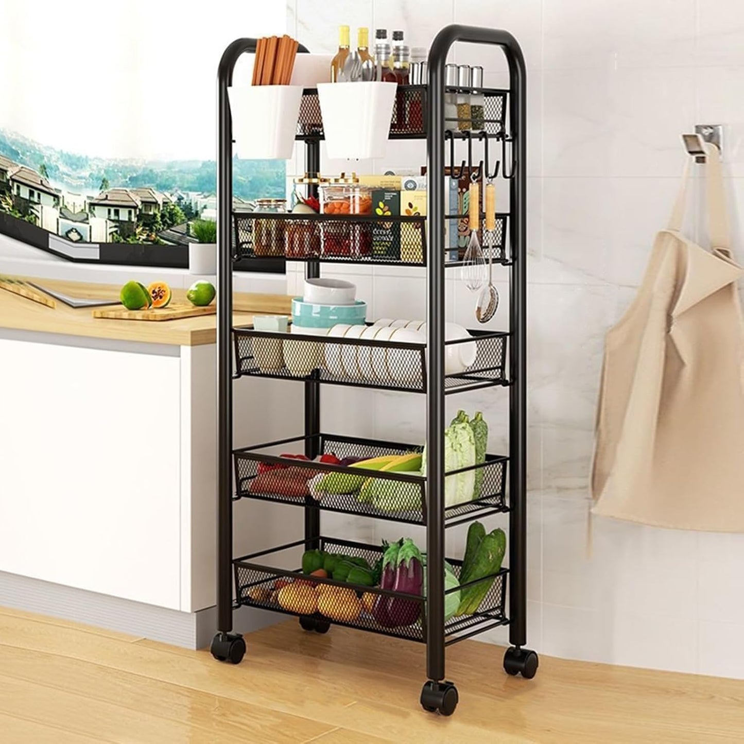 5-Tier Rolling Cart, Stackable Fruit Vegetable Rack, Kitchen Mesh Storage Basket with 360 Degree Wheels, Snack Cart for Kitchen Pantry Bathroom Organizer Heighten Guardrail Detachable (5-Tier Black)