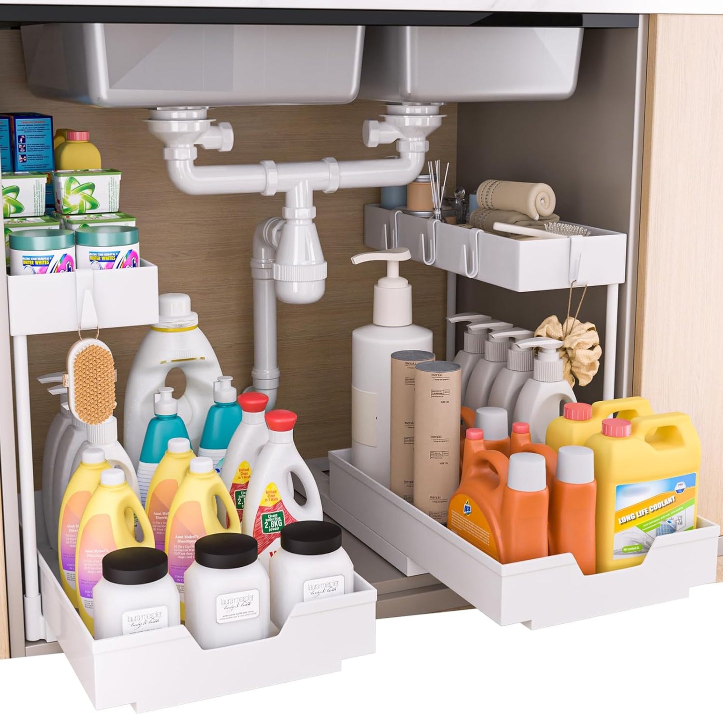NATURE'S SOURCE 2 Pack Under Sink Organizer 2 Tier Sliding Cabinet Organizers Multi-Purpose Sink Storage Basket L-Shape Narrow Space Storage Shelves with 4 Hook for Kitchen Bathroom Drawer, Black