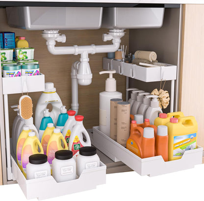 NATURE'S SOURCE 2 Pack Under Sink Organizer 2 Tier Sliding Cabinet Organizers Multi-Purpose Sink Storage Basket L-Shape Narrow Space Storage Shelves with 4 Hook for Kitchen Bathroom Drawer, Black