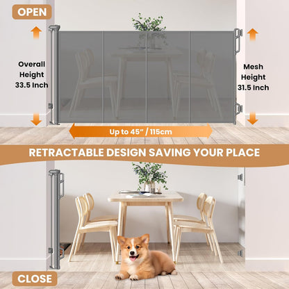SPACEANY Reinforced Retractable Baby Gate, Mesh Dog Gate, Child Safety Gate for Doorways, Stairs, Hallways, Indoor/Outdoor, Wide Openings -33.5" Tall, Width up to 55" Gray