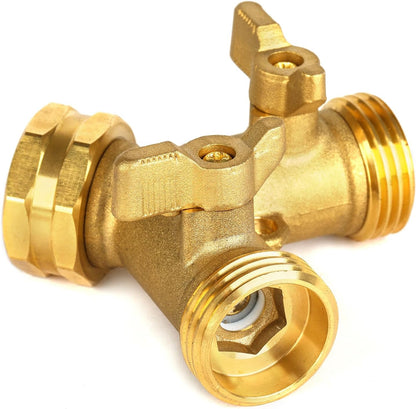 Garden Hose Splitter 2 Way Heavy Duty, Brass Faucet Adapter With Long Handle For Gardening Water Hose Shut Off Valve Hose Connector Fittings Outdoor Water Spigot Hose Bib Y Splitter