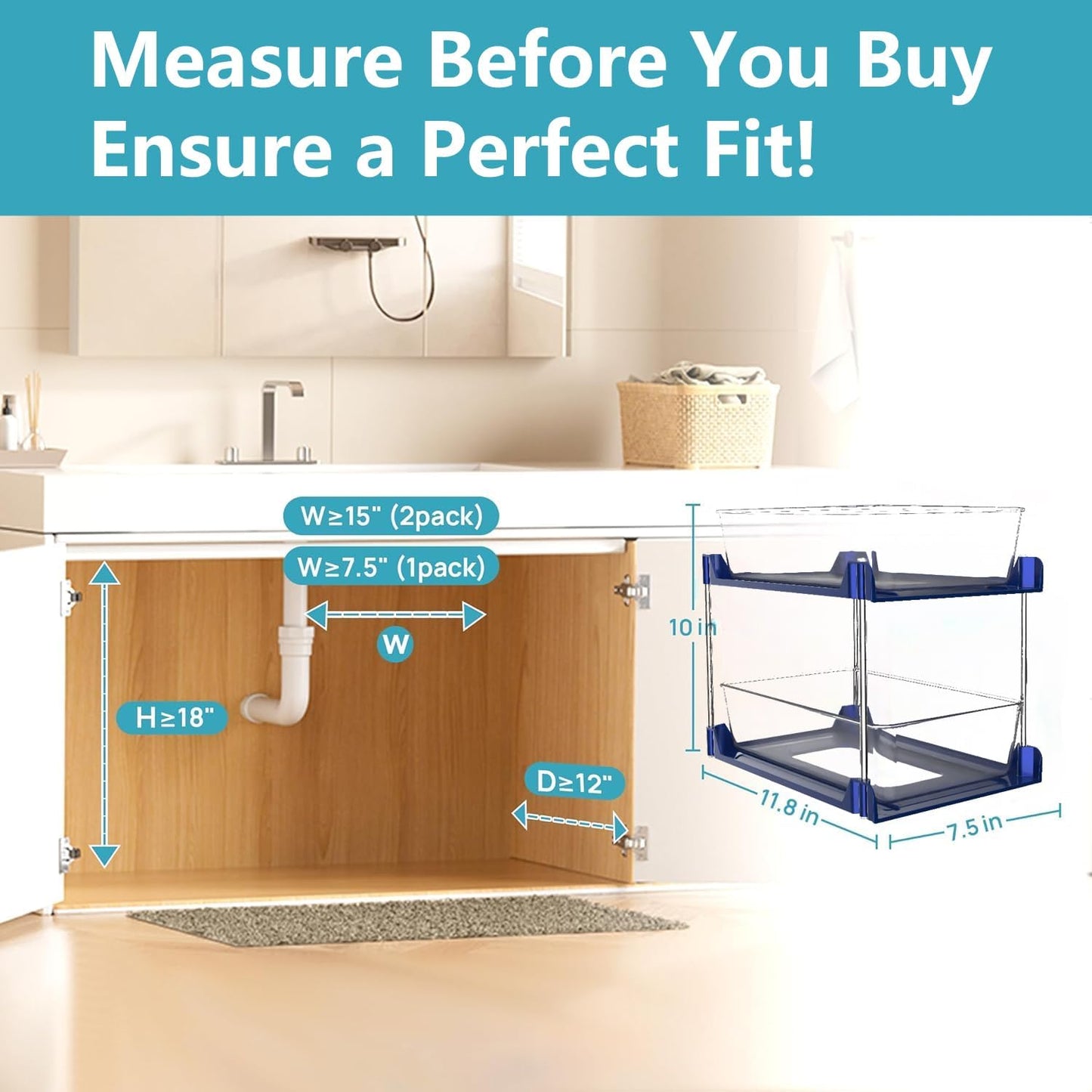 2 Pack Bathroom Organizer,2 Tier Blue Under Sink Organizers Vanity Countertop Storage Container,Cabinet Drawers Bins, Pull-Out Organization with Track for Pantry, Kitchen