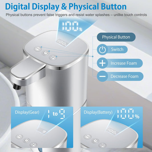 Automatic Foaming Soap Dispenser Touchless, Digital Display 9-Level Adjustable Smart Hand & Dish Soap Dispenser, USB Rechargeable, 13.5oz/400mL Wall Mounted for Bathroom Kitchen, Hotel, Restaurant