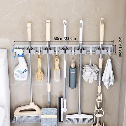 Broom Holder Wall Mount Movable Hooks and Clips Mop and Broom Hanger Wall Mounted Aluminum Garage Tool Organizer Storage Adhesive (Silver: 5 clips with 6 hooks)