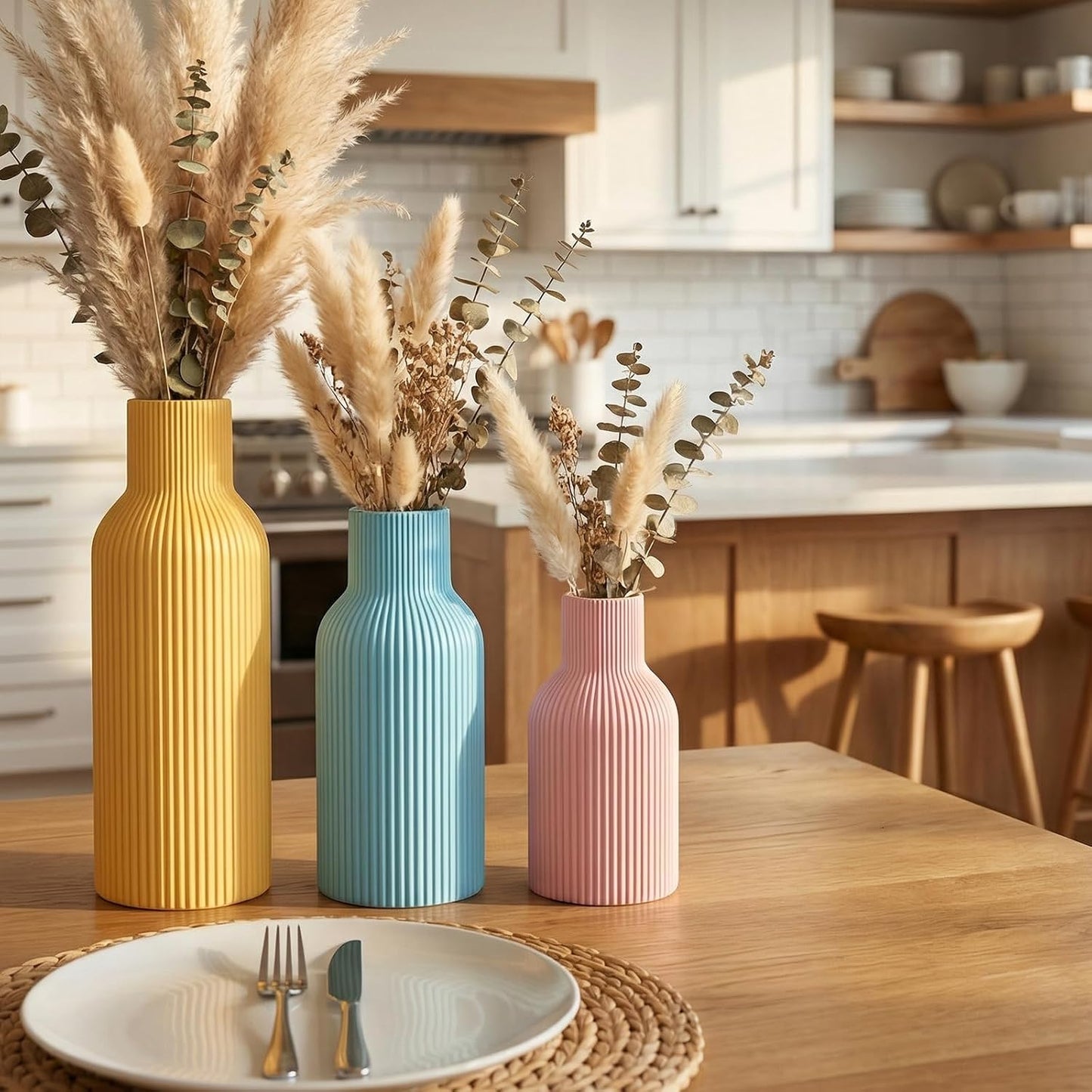 White Ceramic Flower Vases Set of 3, Modern Matte Vertical Ribbed, Nordic Minimalist Decor for Pampas, Dried & Fresh Flowers, Centerpiece for Living Room, Shelf, Entryway, Wedding,Office