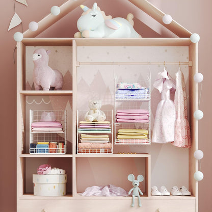 Yuyetuyo 5 Tier Closet Hanging Organizer and Storage Separable Hanging Closet Shelves with 4 Hooks 2 Adjustable Dividers, Wire Storage Basket Bins for Clothing Sweaters Socks Dolls Handbags, Foldable