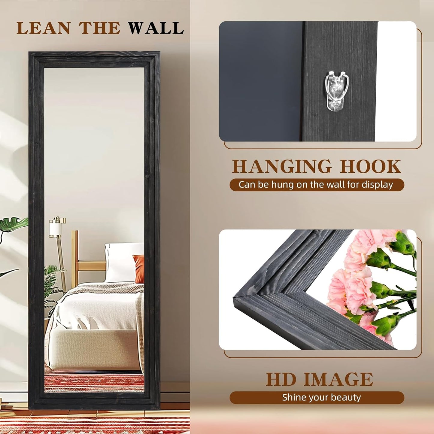 Full Length Mirror 65"x22" with Stand Solid Wood Frame Floor Large Mirror for Living Room, Bedroom Hanging Standing or Leaning Wall-Mounted, New Black