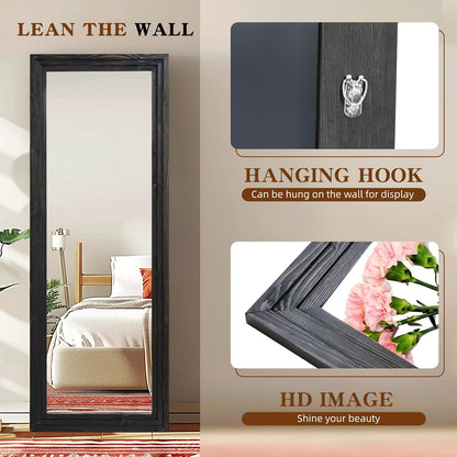 Full Length Mirror 65"x22" with Stand Solid Wood Frame Floor Large Mirror for Living Room, Bedroom Hanging Standing or Leaning Wall-Mounted, New Black
