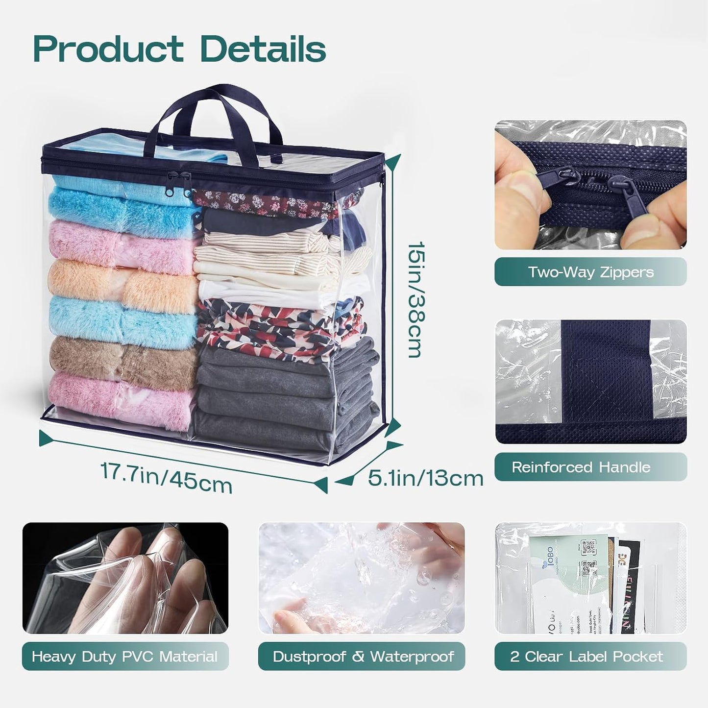5PACK Clear Zippered Storage Bag for Clothes, 22L Clear Storage Bags, and Blanket Storage Bags for Bedding, Blankets, Comforters, Clothing, Books, DVD & CD (White)