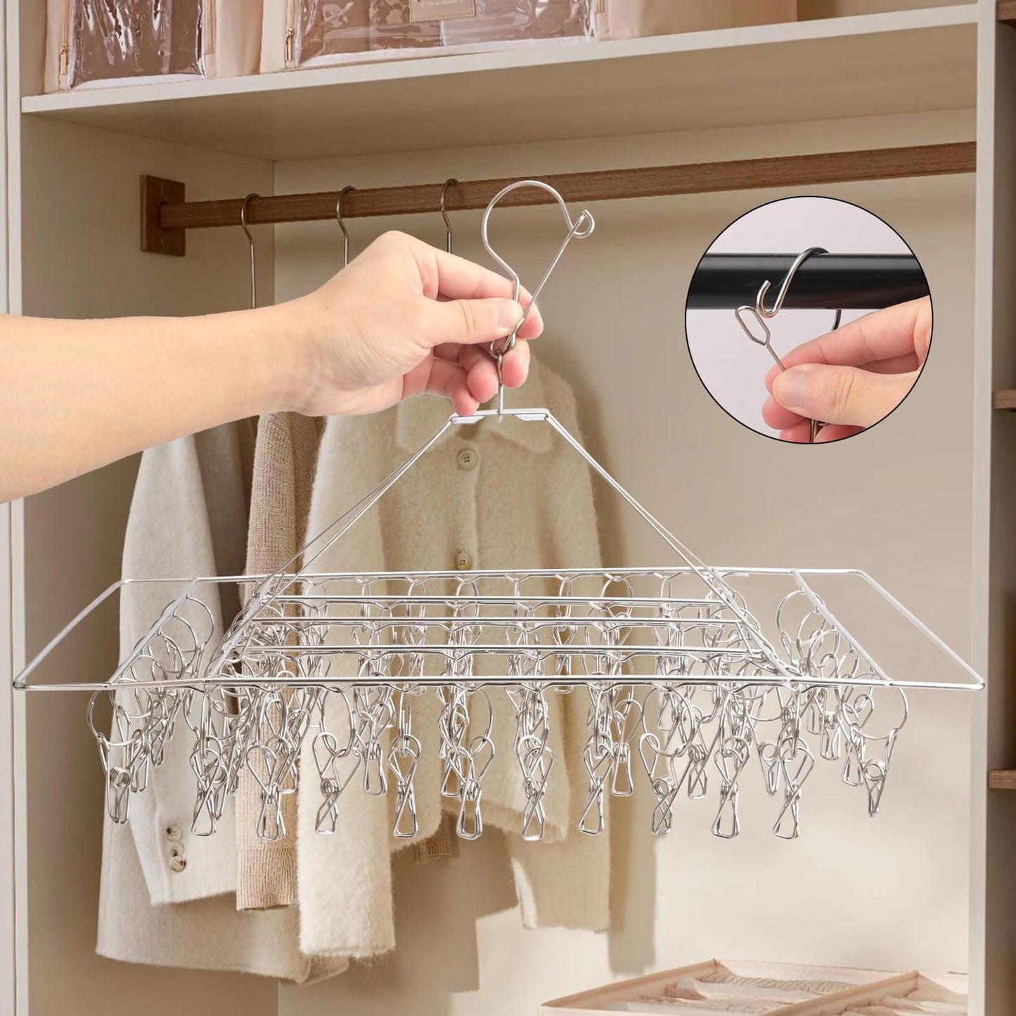 16 Pack 14 inch Stainless Steel Drying Rack with 10 Clips, Sock Drying Rack with Windproof Clips, Stainless Steel Clothes Hanger for Bras, Clothes, Sock & Underwear Towels