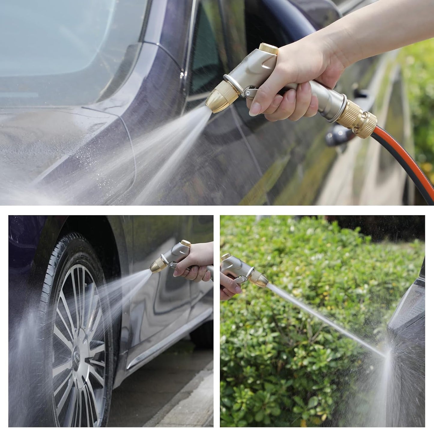 Garden Hose Nozzle Sprayer with Full Brass Nozzle, 100% Heavy Duty Metal Water Sprayer Nozzle Fits 3/4” Garden Hose Thread with 4 Patterns, 360° Rotating Adjustable Nozzle for Plants, Lawns, Cars