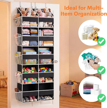 Over The Door Organizer, 5-Tier Extra Large Behind Door Storage with 10 Big Front & 10 Mesh Pockets, 80lb Capacity, Hanging Storage Organizer with Clear Window Kids Toys, Shoes, Diapers, Light Grey